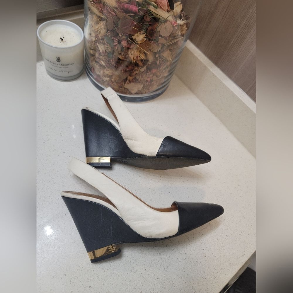 Tory Burch Black and White Slingback Wedge Pumps - Picture 5 of 8